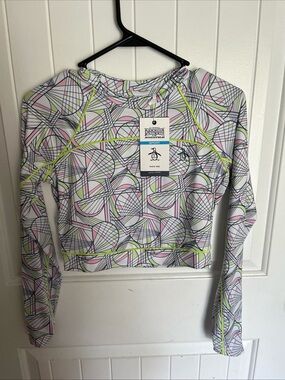 Original Penguin Women's Geometric Long-Sleeve Crop Top White/Pink/Green XS NWT